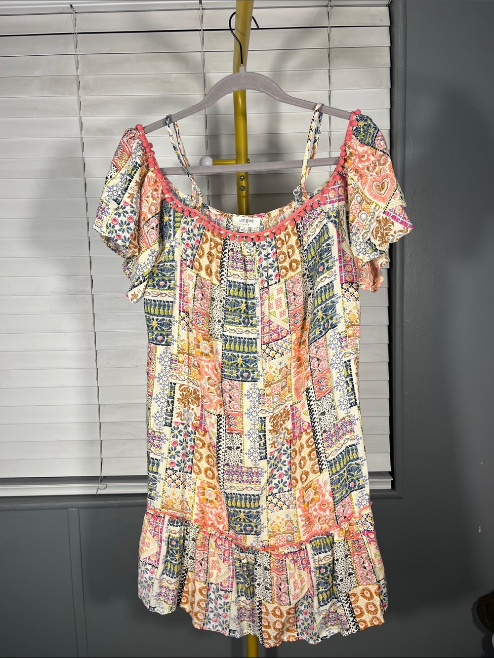Umgee Multicolor Patchwork Off-Shoulder Ruffle Dress